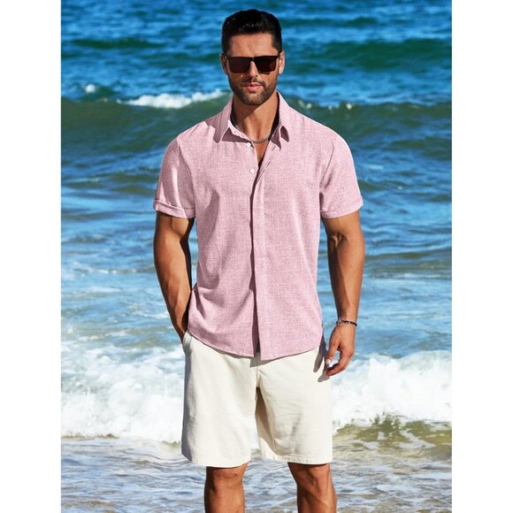 Men's Pink Linen Short Sleeve Button Down Casual Shirt Business Dress - Picture 3 of 6